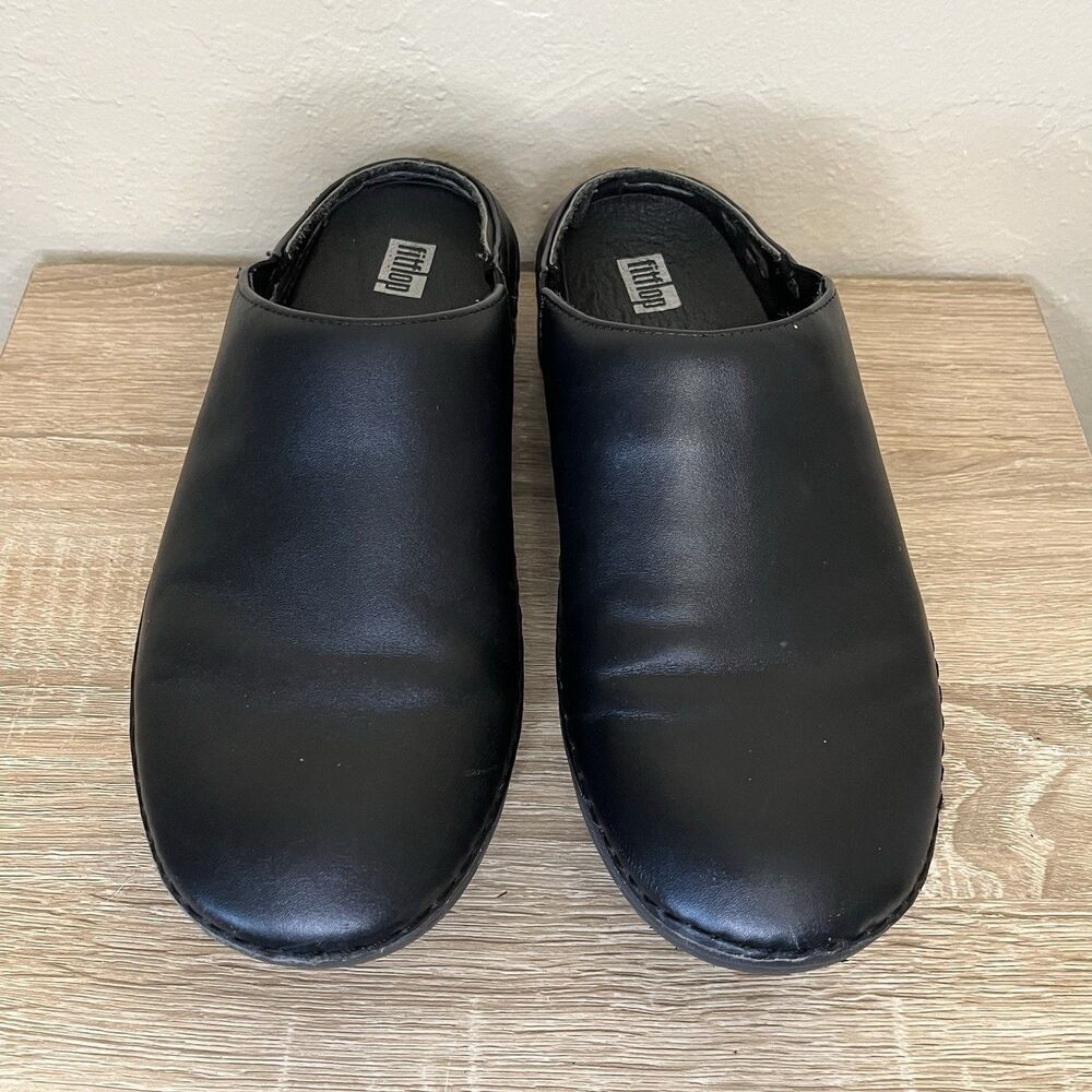 Fitflop Womens Black SHUV Leather Slip-On Clogs Sz 7.5 Comfort Microwobbleboard - Picture 4 of 10